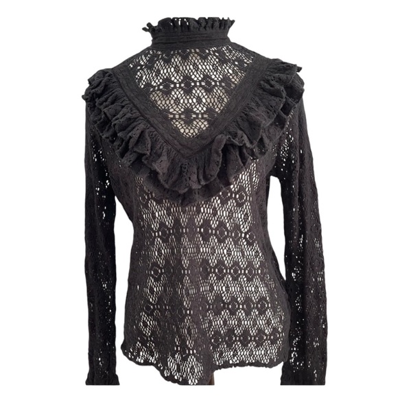 Maje Tops - MAJE Limba Long Sleeve High Neck Lace Top Blouse in BLACK